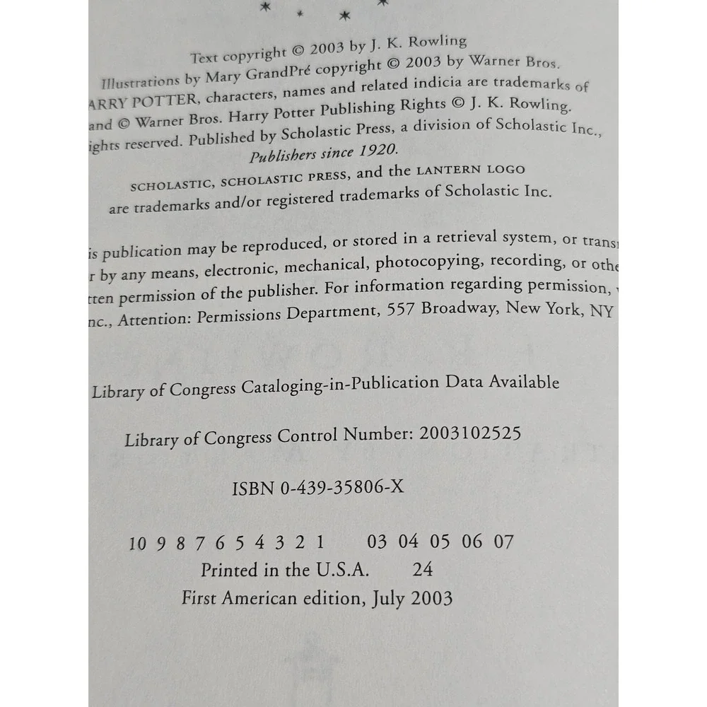 Harry Potter And the Order of the Phoenix 1st Edition 1st American Print 2003
